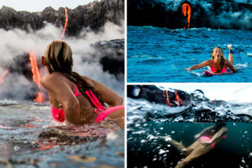 Sexy surfer Alison Teal paddles up to an erupting volcano in Hawaii