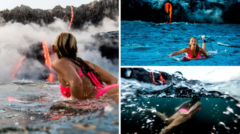 Sexy surfer Alison Teal paddles up to an erupting volcano in Hawaii